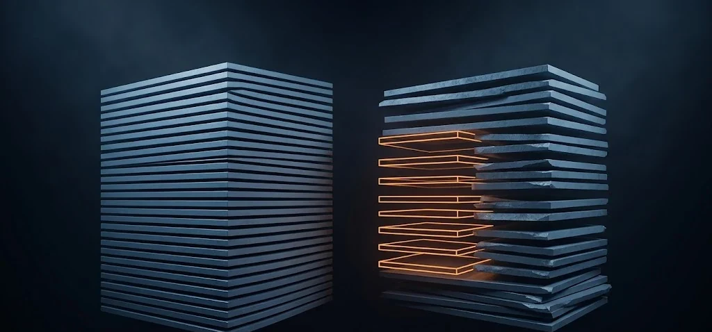 An ordered stack of plates beside an uneven stack, with the missing plates drawn as glowing outlines in the empty slots.