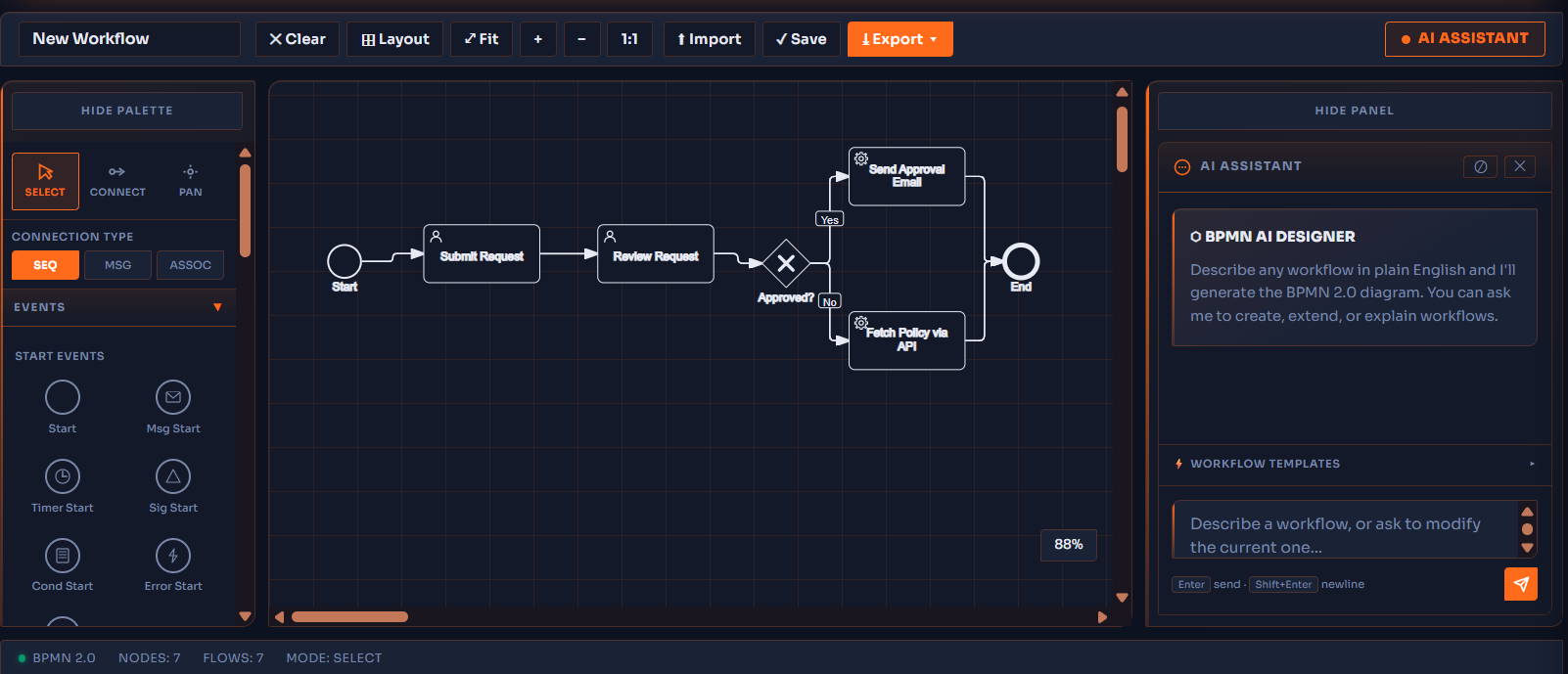 BPMN Studio with the palette on the left, an approval workflow on the canvas and the AI Assistant panel open on the right